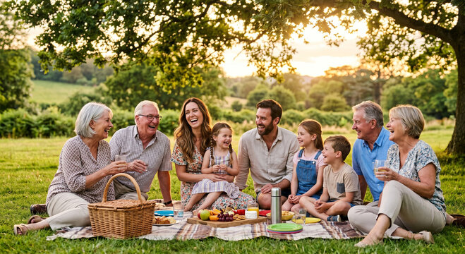 happy multi-generation family enjoying a picnic in a beautiful green park during golden hour, grandparents, parents and children laughing naturally, authentic candid moment, sunlight filtering through