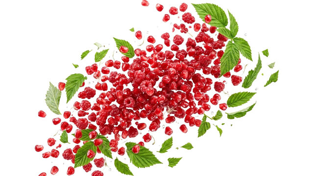 Fresh ripe raspberries with green leaves flying in the air isolated on white background