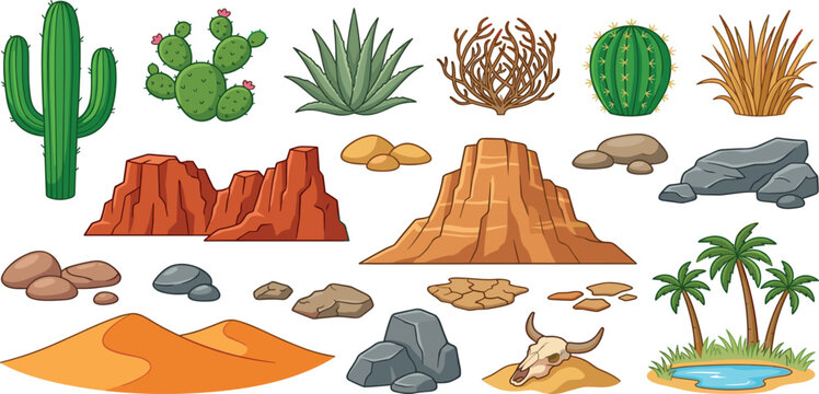 Arid desert flora and rock formations set featuring wild cacti agave barrel cactus palm tree oasis sand hills cracked ground and stones vector illustration