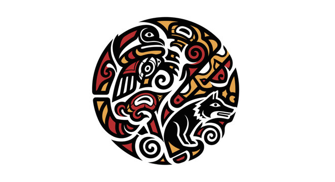 Wolf in tribal art style circle.
