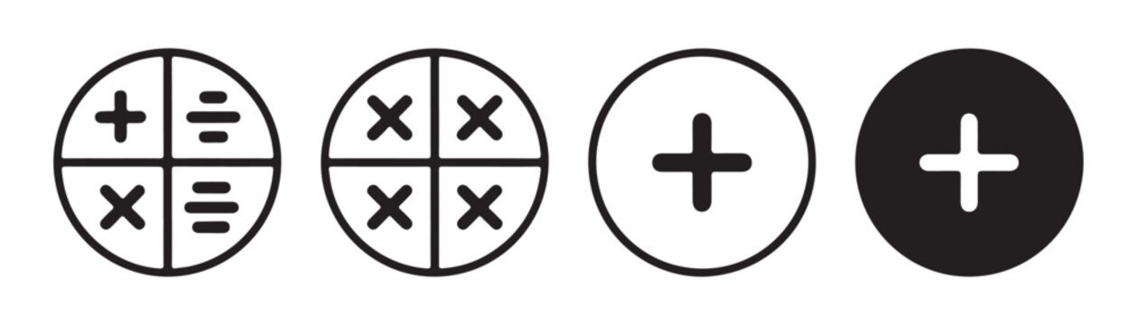 Circular icons set featuring calculator interface keypad buttons and mathematical operations symbols.