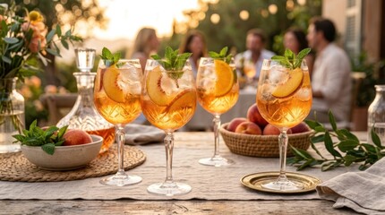 Fototapeta premium Refreshing peach and mint cocktails served outdoors at sunset with friends