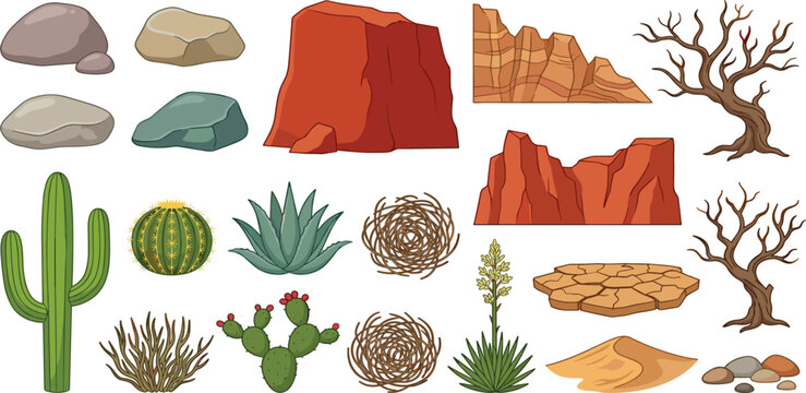 Arid desert nature clip art set featuring red rock cliffs stones prickly pear cactus yucca blossom tumbleweeds sand hill and bare branches vector illustration