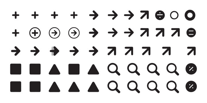 Various arrow icons and geometric shapes plus signs search magnifying glass and percentage symbol collection.