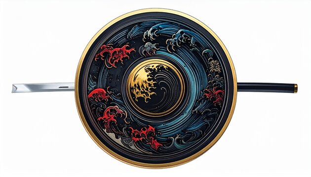 Illustration of Japanese Demon Slayer Ornate Sword Guard Tsuba with Traditional Design