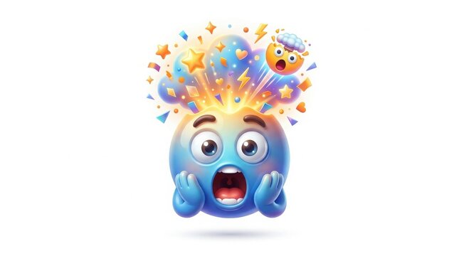 Mind blown emoji character with exploding head, shocked blue face with stars and lightning, creative 3D render of surprise and amazement isolated on White Background