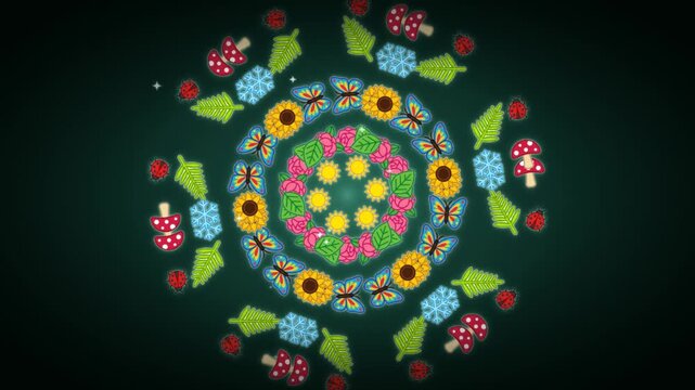 Nature kaleidoscope mandala with flower leaf butterfly and mushroom in symmetric pattern