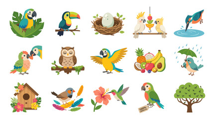 Obraz premium Flat Cartoon Animal Illustrations: Cute Exotic Birds, Nest, Egg, Birdhouse, Fruits, and Nature Elements
