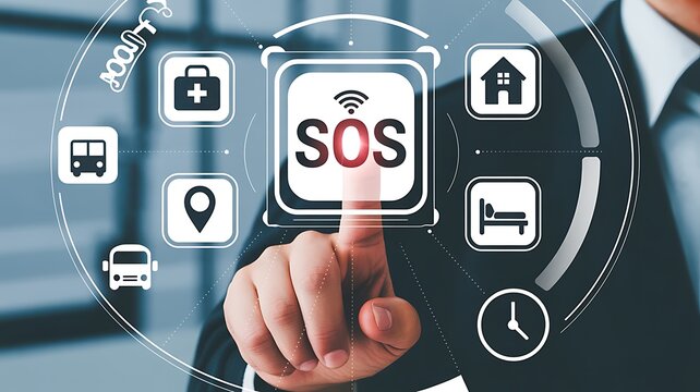 Man in suit pressing SOS button on virtual interface screen