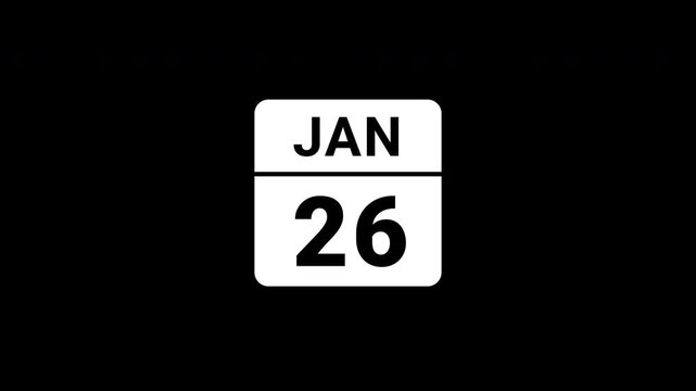 Animated Calendar Icon January 26th Date White Isolated On Black Background