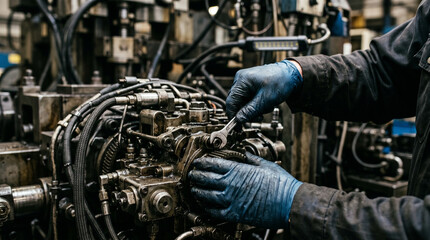 Fototapeta premium Mechanic repairing industrial machinery with wrench