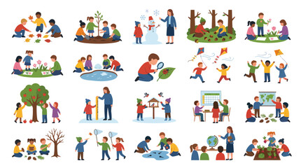 Fototapeta premium Flat Vector Illustration Set for Education Childhood: Kids Learning, Playing Exploring Nature Activities