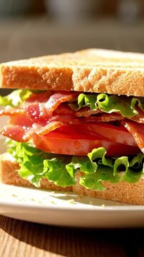Detailed Close Up Of Classic Blt Sandwich With Thick Cut Bacon Ripple Lettuce Juicy Tomato And Toasted White Bread Ready To Serve