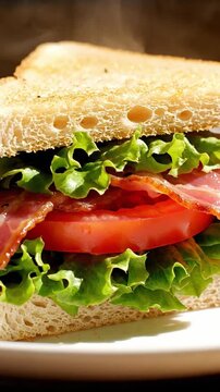 Premium Shot Of Classic Blt Sandwich With Thick Cut Bacon Ripple Lettuce Juicy Tomato And Toasted White Bread Ready To Serve