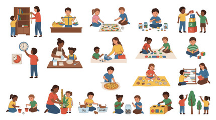 Fototapeta premium Diverse Children Learning Math and Science Concepts in Classroom Flat Illustrations