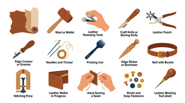 Leathercraft Tools and Materials Flat Icons Set, Vector Illustration