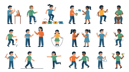 Fototapeta premium Flat vector illustration of diverse kids performing educational activities, promoting child development through play.