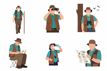 Fototapeta premium Senior Man Engaged in Birdwatching and Hiking Illustration Set - Elderly Character Enjoying Outdoor Hobbies