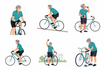 Obraz premium Set of Active Senior Woman Cycling Illustrations in Flat Vector Style, Healthy Elderly Lifestyle and Sports Concept