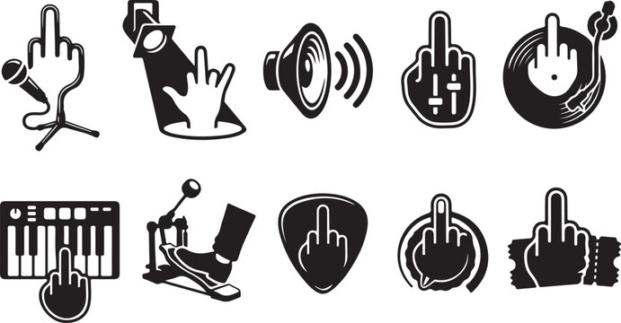 Set of black and white music-themed featuring hands making middle finger gestures, including microphone, spotlight, speaker, turntable, keyboard, guitar pick, and concert ticket motifs