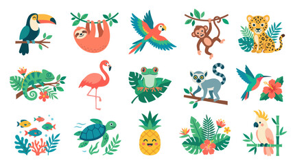 Obraz premium Cute Tropical Animals and Plants Flat Vector Illustration Set for Nature and Wildlife Design