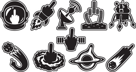 Set of space-themed featuring hands making a middle finger gesture, including an astronaut helmet, rocket, satellite dish, lunar lander, black hole, and various celestial bodies in black and white © MdAbu