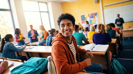 Fototapeta premium Smiling teenage boy sitting at desk in diverse high school classroom, happy male student looking back during lesson, education and academic success concept