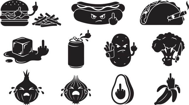 Set of black silhouette featuring rude food characters, including a burger, hot dog, taco, melting ice cube, soda can, potato, broccoli, crying onions, avocado, and a banana