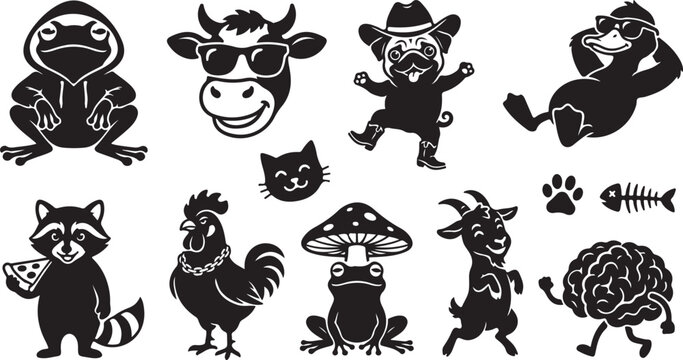 Set of black silhouette featuring a hooded frog, cow with sunglasses, cowboy pug, relaxing duck, cat face, raccoon with pizza, rooster with chain, frog with mushroom, goat, and walking brain