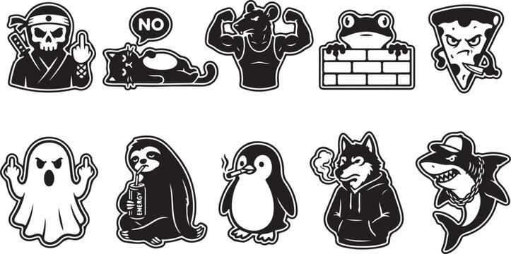 Set of ten black and white cartoon character stickers featuring a skull ninja, lazy cat, muscular rat, frog on a brick wall, angry pizza slice, ghost, sloth with energy drink, smoking penguin