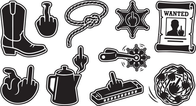 Set of western-themed featuring cowboy boots, lassos, sheriff badges, wanted posters, spurs, coffee pots, harmonicas, and tumbleweeds, all incorporating middle finger hand gestures