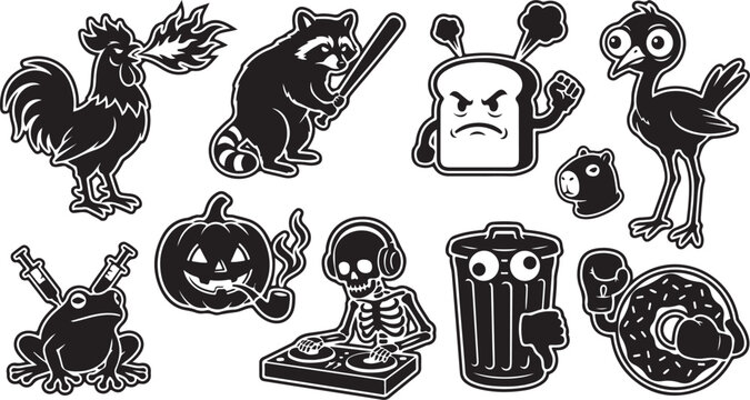 A collection of black and white cartoon stickers featuring a fire-breathing rooster, a raccoon with a baseball bat, an angry slice of bread, a skeleton dj, a smoking pumpkin, and a boxing donut