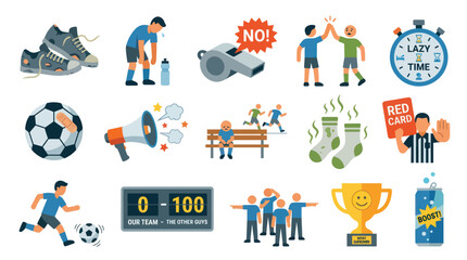 Fototapeta premium Flat Style Soccer Icons: Ball, Referee, Trophy, Player, Scoreboard, Shoes