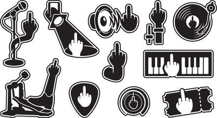 Collection of black and white music-themed stickers featuring hands giving the middle finger, including a microphone, spotlight, speaker, turntable, piano keyboard, guitar pick, and concert ticket © MdAbu