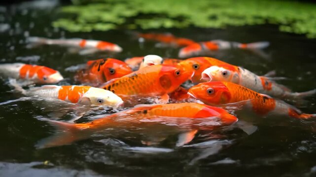Vibrant Koi Fish Swimming in a Serene Pond with Green Foliage