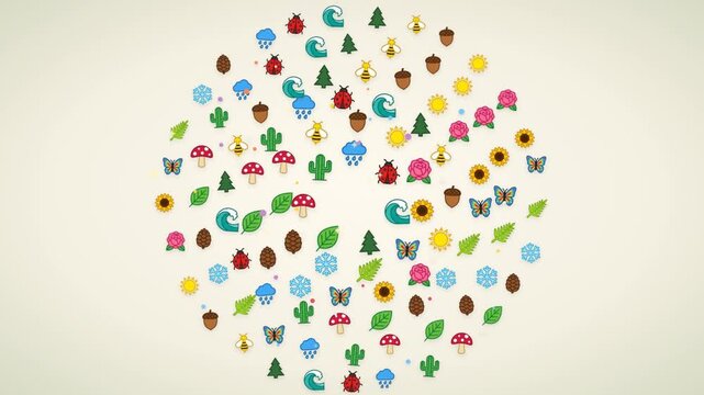 Nature and seasons icons forming a circle with leaf flower butterfly and weather symbols