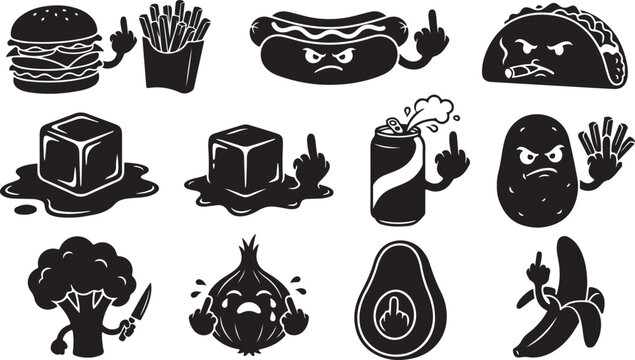 Set of black and white cartoon food featuring rude characters, including a burger, hot dog, taco, melting ice cubes, soda can, potato, broccoli with a knife, crying onion, and a banana