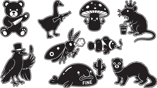 Set of black and white cartoon stickers featuring a knife-wielding teddy bear, a goose with a gun, a rude mushroom, a crowned rat with a cup, a top-hatted raven, a smoking moth, and a blobfish