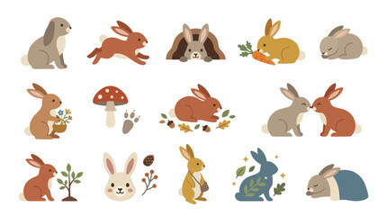 Obraz premium Flat Style Cute Easter Bunnies and Spring Elements Vector Illustration