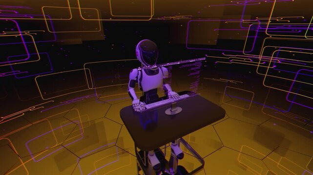 Seamless 3d animation loop of an artificial intelligence programmer in a high-tech cyberspace with digital screens and network background. Futuristic robot working on computer and writing code. 