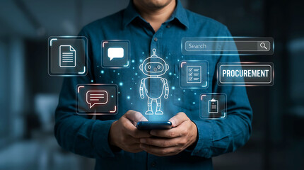 Fototapeta premium AI robot assistant managing business procurement on smartphone screen
