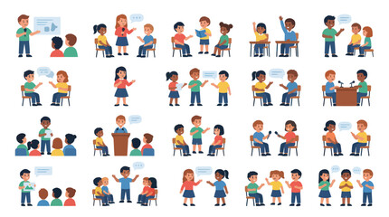 Fototapeta premium Education and Communication Flat Vector: Diverse Kids Learning Public Speaking, Debate, and Discussion