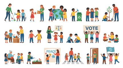 Fototapeta premium Flat Vector Illustration of Kids Adults in Education, Community Social Responsibility Activities