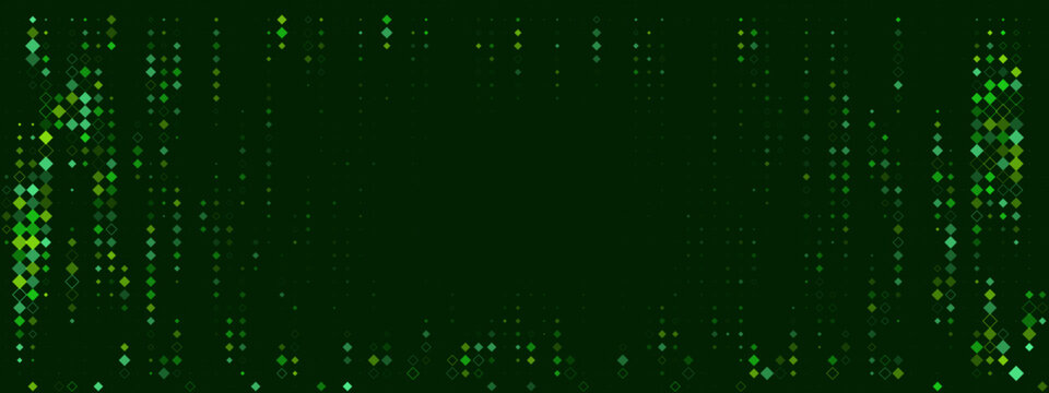 Digital Data Stream Abstract Background with Glowing Green Geometric Particles and Matrix Style Code Patterns