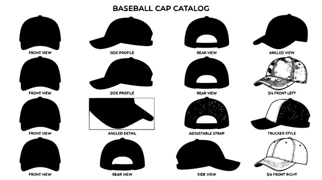 Baseball cap catalog silhouette icon set with front side rear angled views mockup templates for headwear apparel design vector