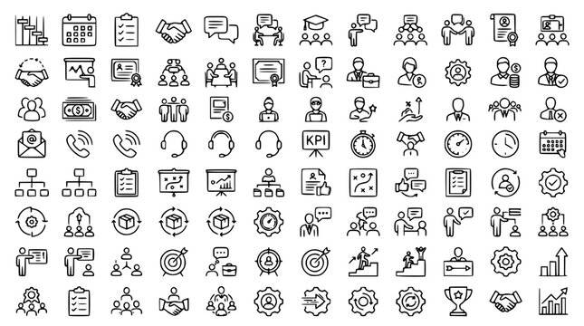 Large corporate business management and teamwork line icon mega set with human resources leadership strategy finance and communication vector elements