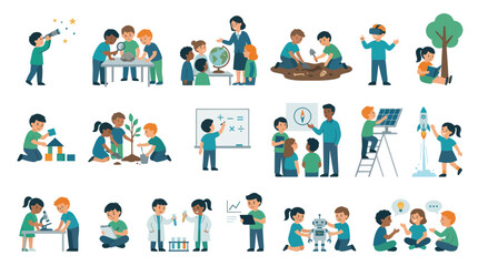 Fototapeta premium Flat Vector Illustration of Children Learning STEMSTEAM Education. Kids Studying Science, Technology, Engineering, and Math.