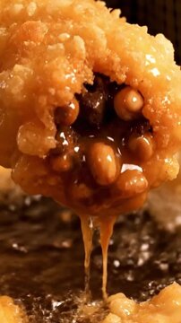 Cinematic View Of Battered Snickers Bar Frying With Chocolate Melting Inside And Batter Crisping Around Bar Shape