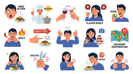 Fototapeta premium Food and Culinary Experience Flat Vector Illustrations: Taste, Emotion, Dining, and Gastronomy Concepts