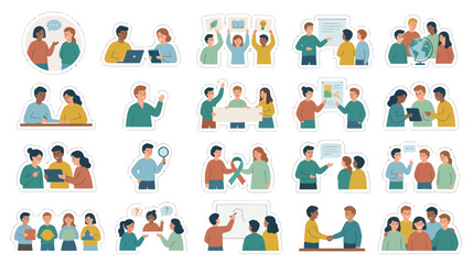 Fototapeta premium Diverse Team Collaboration and Discussion Vector Stickers, Flat Style